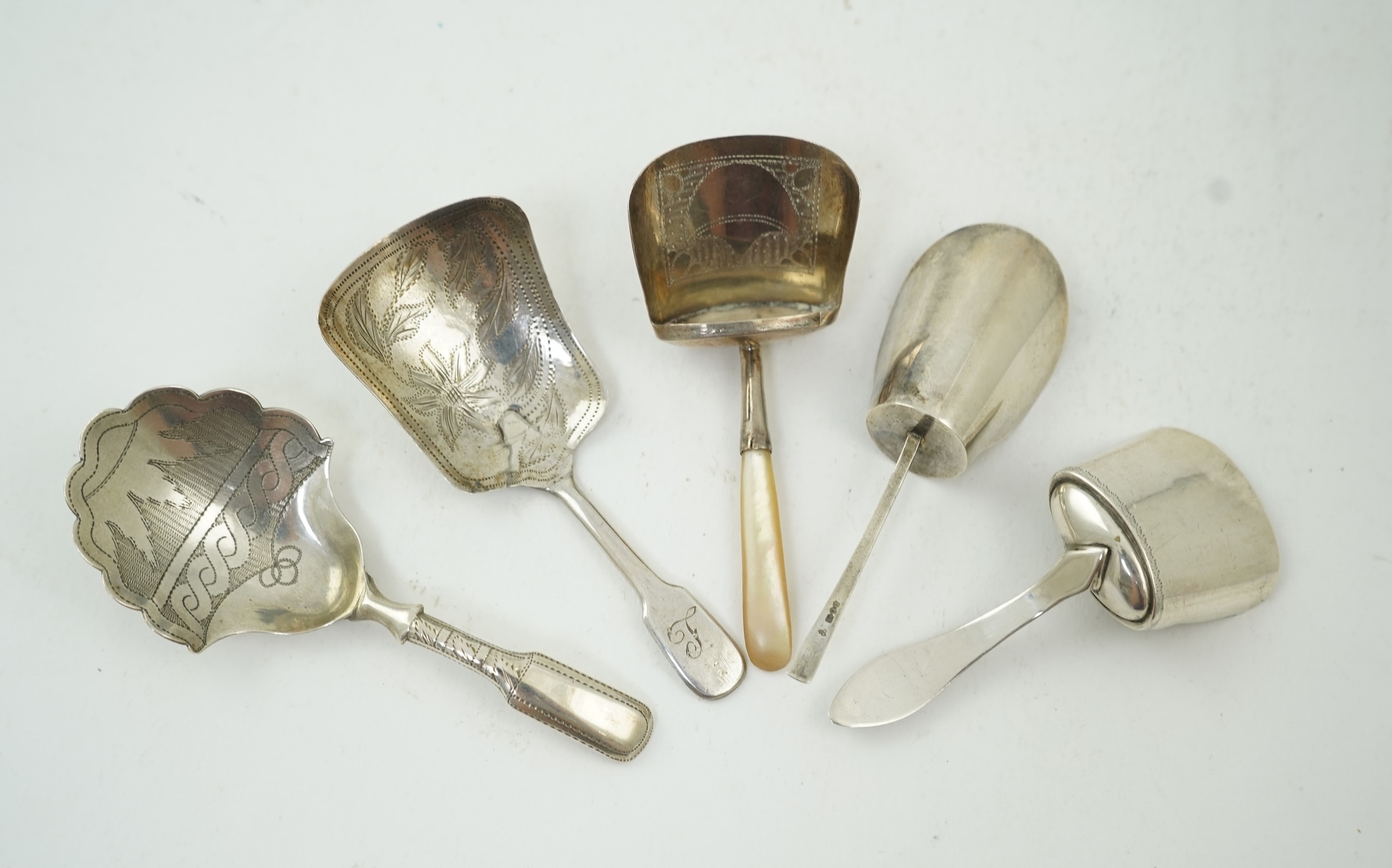 Ten assorted mainly 19th century silver caddy spoons, most with shovel bowls